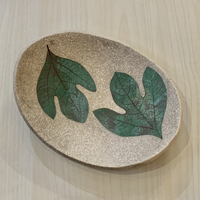 Stoneware Oval Dish, Natural with Two Green Leaves