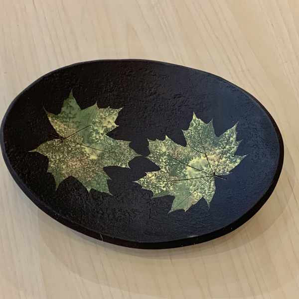 Stoneware Oval Dish, Black with Two Green Leaves