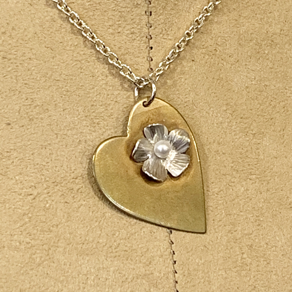 Brass Heart/Silver Flower with Pearl