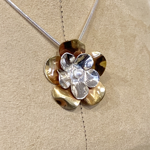 Brass Flower/Silver Flower Necklace with Pearl