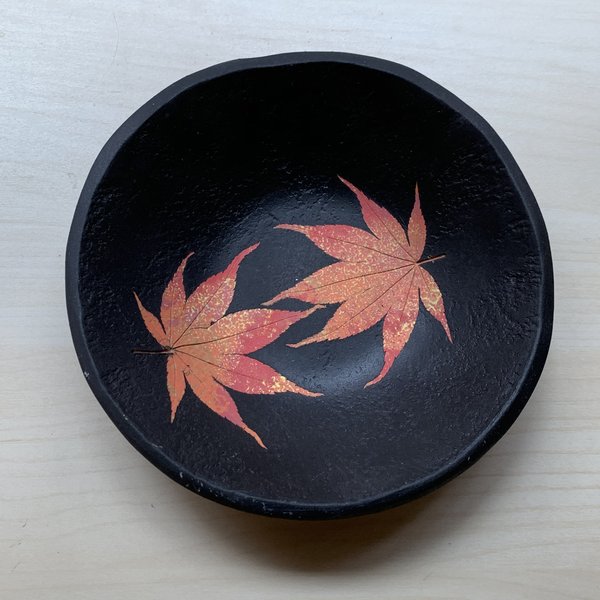 Stoneware Bowl, Black with 2 Autumn leaves