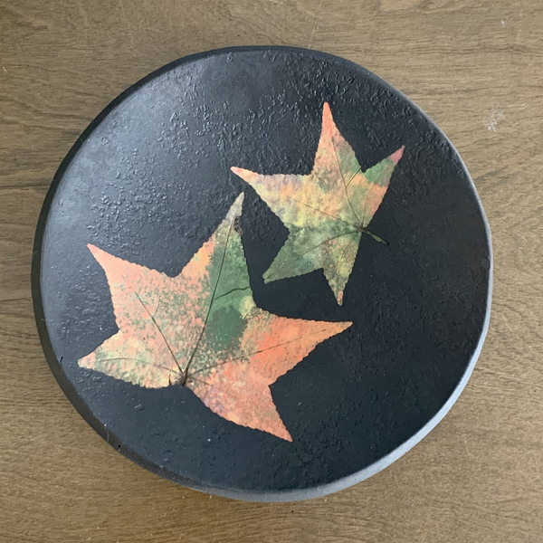 Stoneware Round Dish - Black with Turning Leaves
