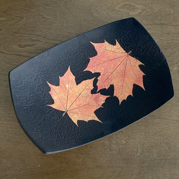 Stoneware Small Tray - Black with 2 Autumn Maple Leaves