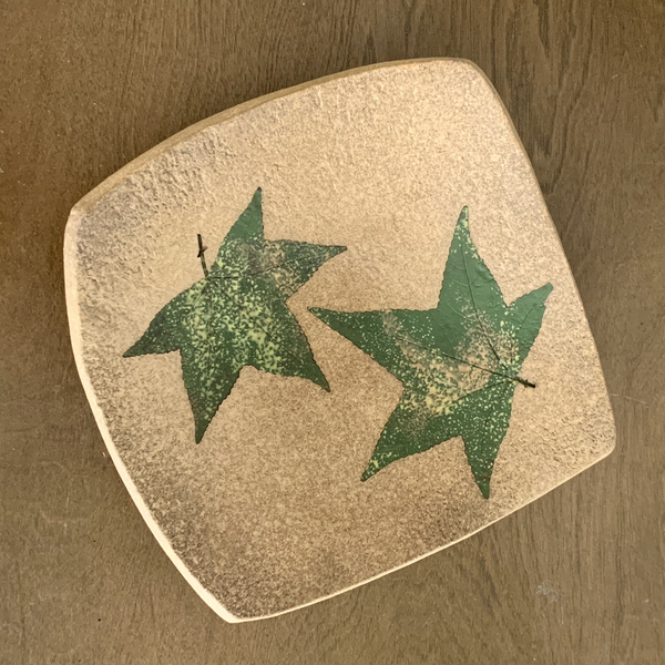 Stoneware Square Dish - Natural with Green Leaves